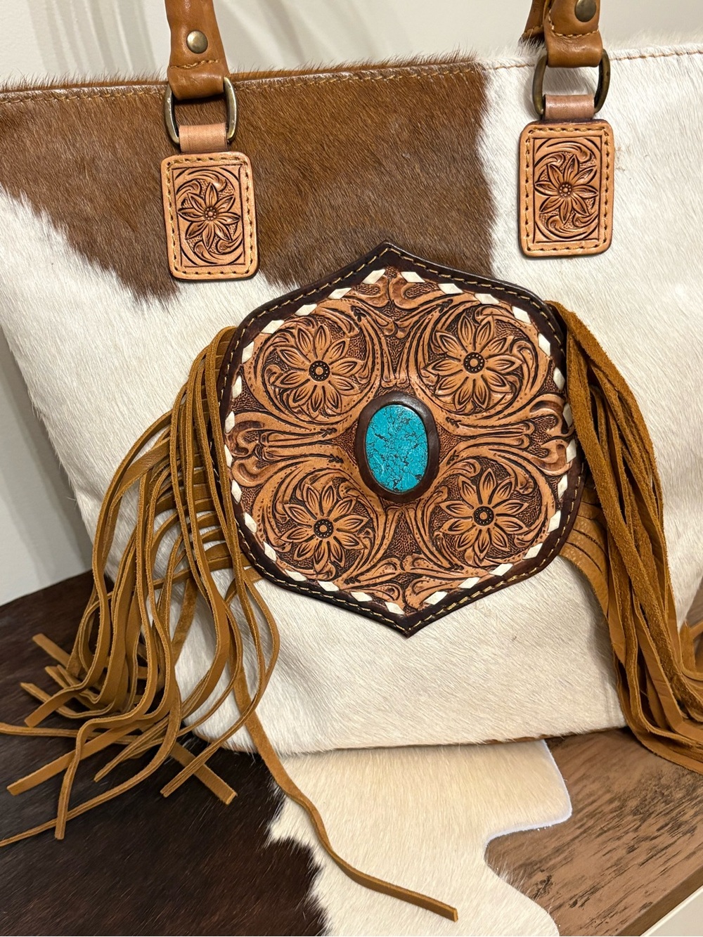 Handcrafted Brown & White Fringe Tote with Turquoise Accent - Picture 2 of 5